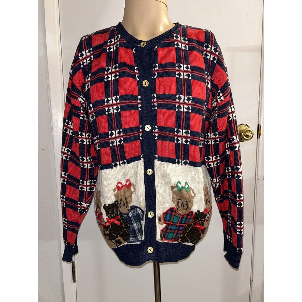 Vtg Sweater Loft 90s Christmas Ugly Vest Knit Cardigan Button Up Teddy Bear sz M